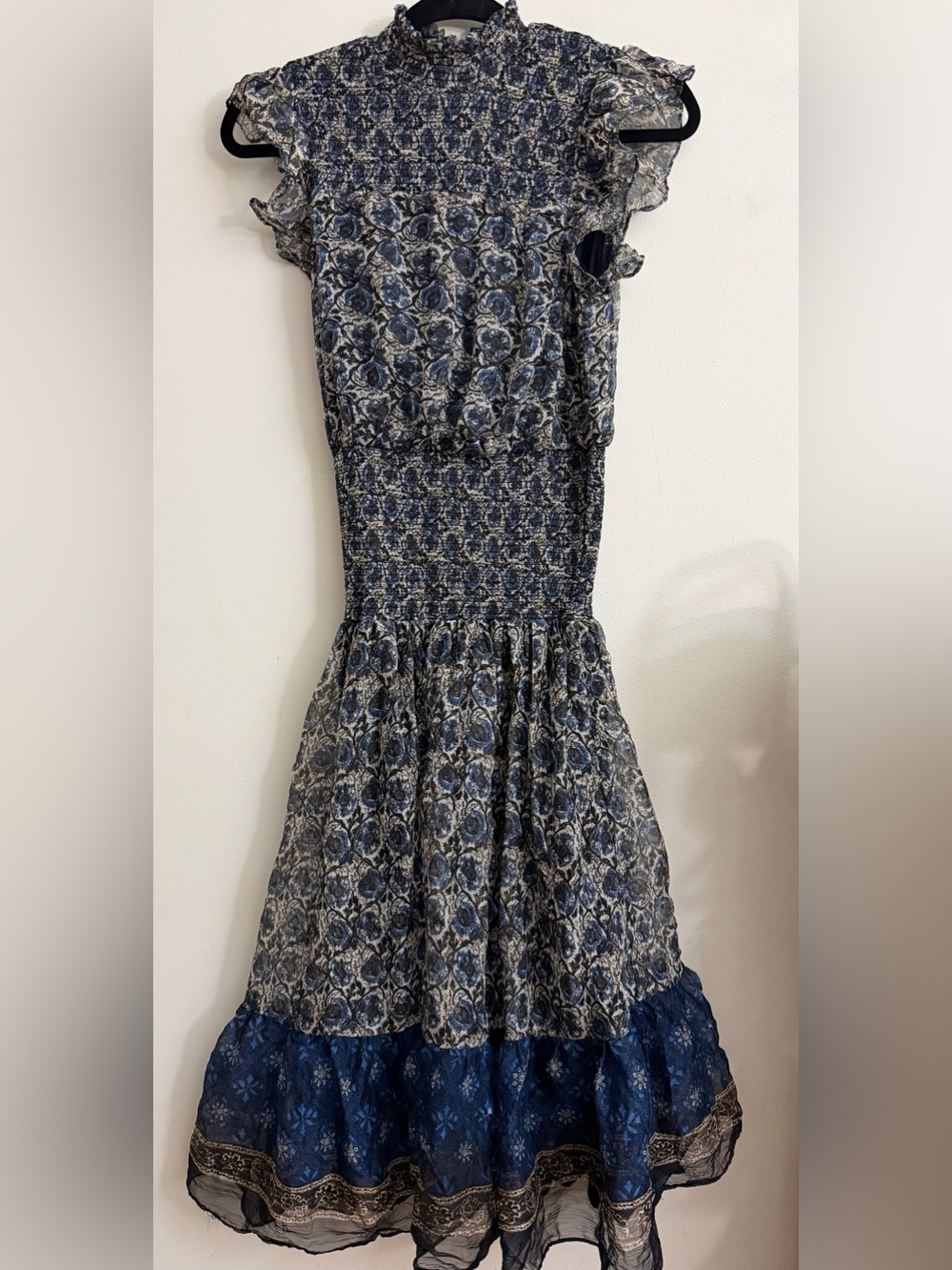 Aqua Navy Floral Smocked Midi Dress - Picture 3 of 4
